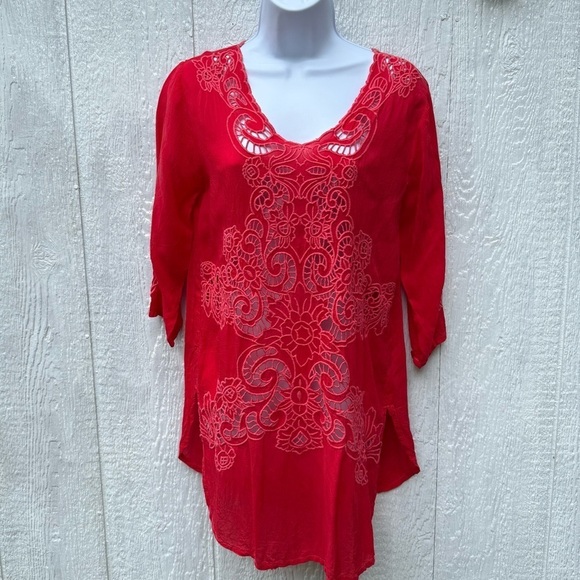 Johnny Was Tops - NWT Johnny Was Arlene Appliqué Tunic Sheer Red Women's 3/4 Sleeve Shirt Top XS